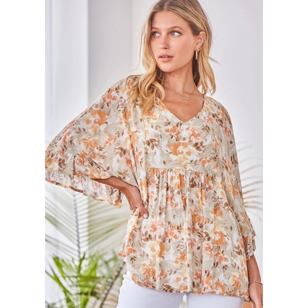 Andree By Unit Floral Tunic Top Poncho Peasant Boho Blouse Plus Size 1X